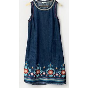 J. Jill Denim Dress Malibu Embroidered Sleeveless Sheath‎ Sz XS Pockets